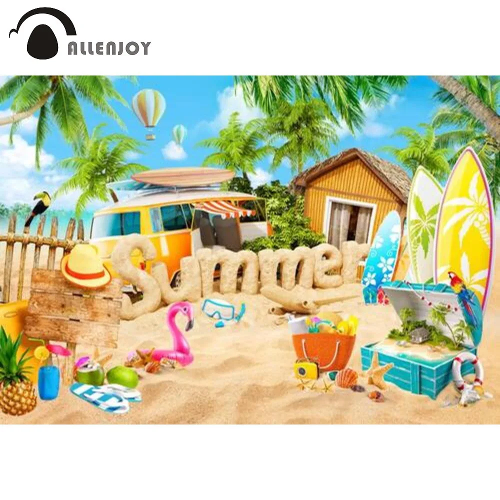 

Allenjoy Summer Holiday Party Background Seaside Beach Surfboard Tropical Birthday Aloha Trees Photography Props Backdrop