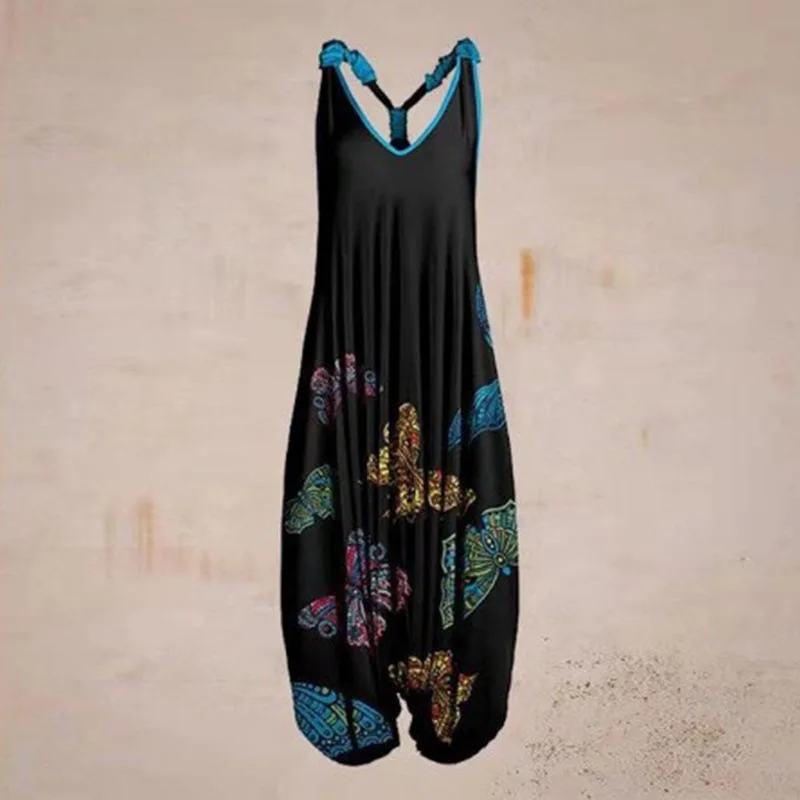 

2023 Winter New Women's Wear National Style Printing Sleeveless Micro Elastic High Waist Loose Large Size Haren Beach Suspender