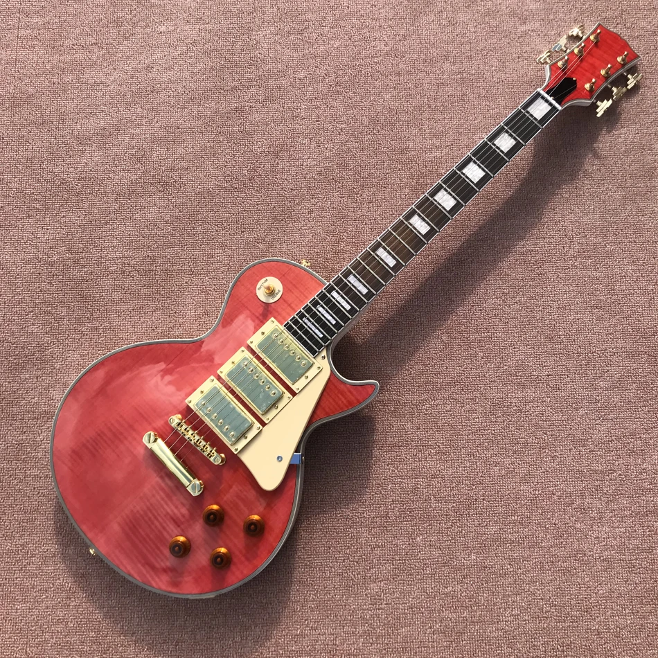 

Custom LP Electric Guitar, Tiger Maple Top, Rosewood Fingerboard, Red Flame Maple Top, Gold Hardware, 3 Pickups