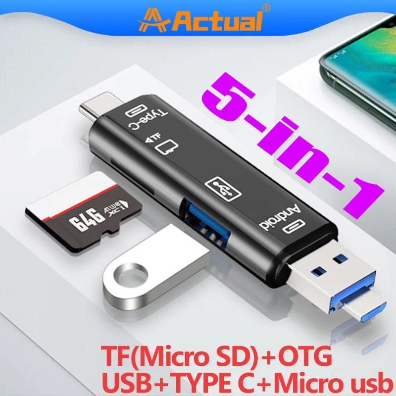 Приведение AWIND 【cod】кардридер OTG 5 в 1 USB 3.0 Тип C подходит для Micro SD/TF/карты