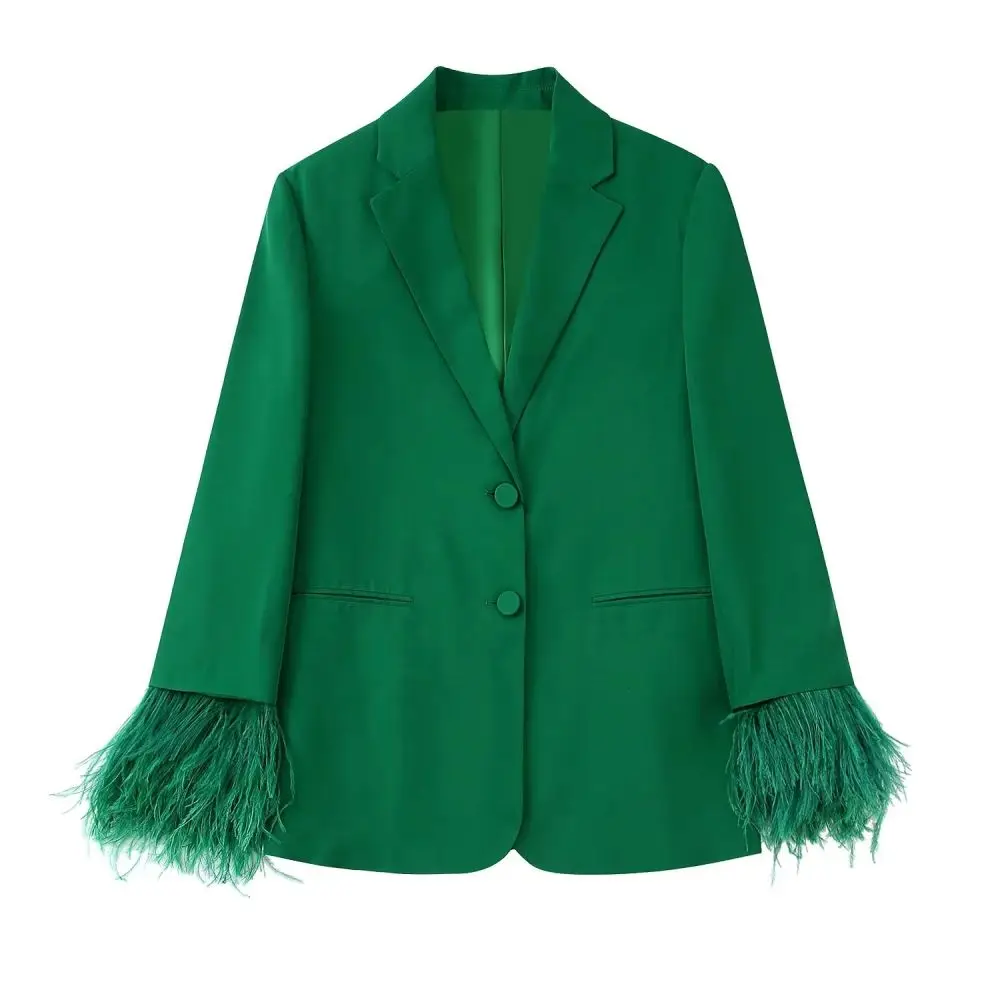 Dark Green Fashion Blazer Feathers Sleeve Notched Collar Chic Two-Buttons Wide Leg Pants Suit Side Zipper Наборы брюки 2 Pcs Set