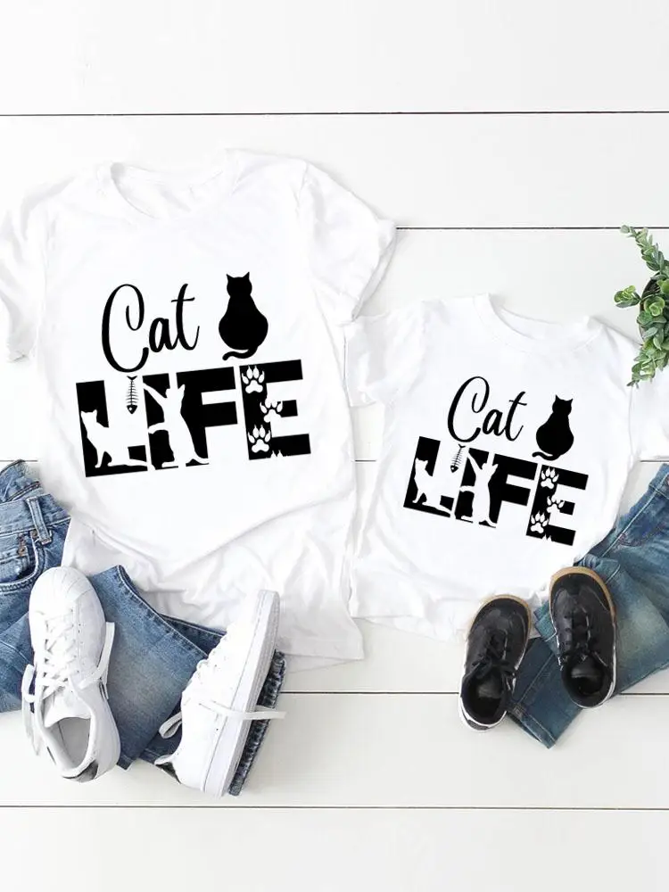 

Cat Animal Letter Lovely Graphic T-shirt Tee Women Child Kid Clothing Boy Girl Summer Mom Mama Clothes Family Matching Outfits