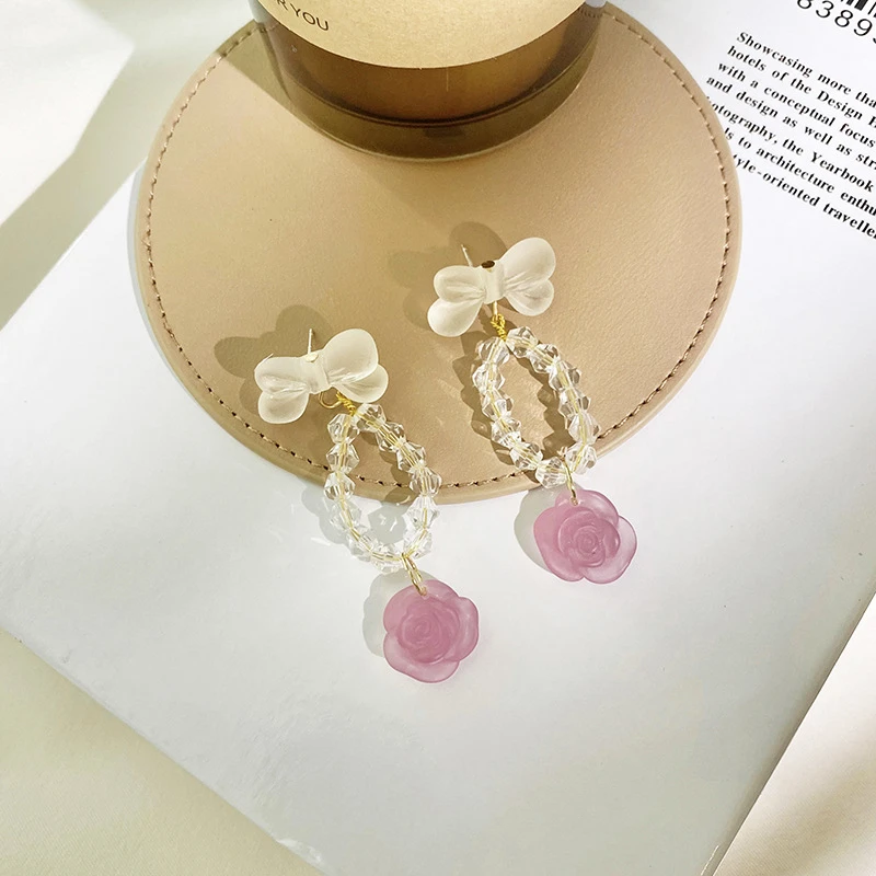 

Sweet Pink Bow Flower Acrylic Earrings for Women New Fashion Temperament Drop Earrings Jewelry Gift