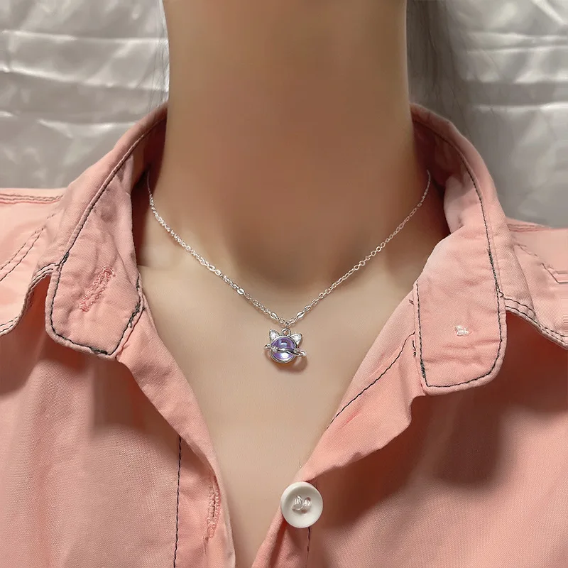 Ожерелье Xingyunday Cute Cat Planet для женщин с подвеской из лунного камня для клавикулы, модное серебристого цвета ювелирное изделие в подарок.