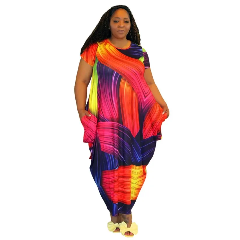 

African Dresses For WomenFashion Print Crew Neck Short Sleeve Loose Maxi DressAnkara Robes Boubou Africain Femme Summer New 4XL