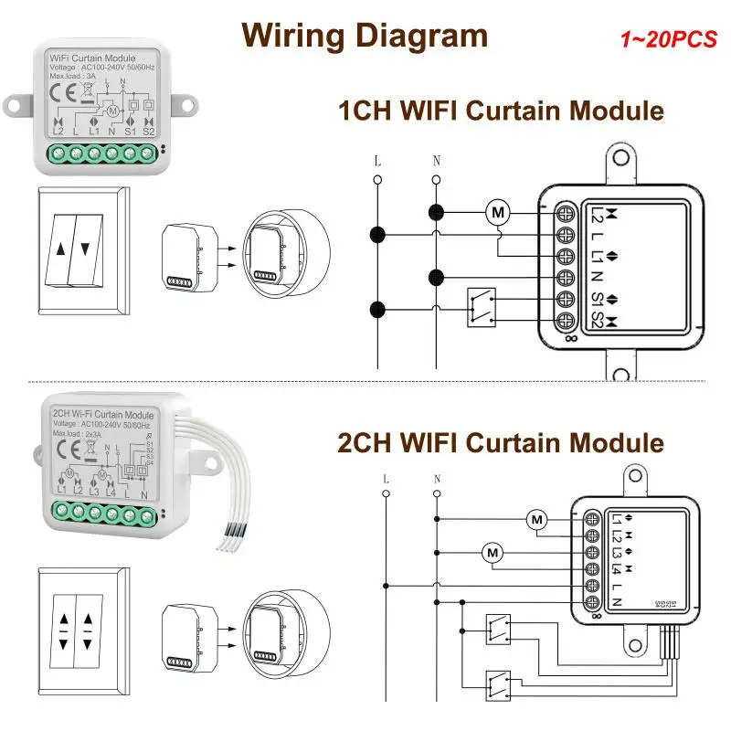 

Умный выключатель для штор Tuya WiFi, 1 ~ 20 шт., 1/2 клавиши, модульный переключатель для потайного роликового затвора, с электрическим мотором, управление через приложение, через Alexa