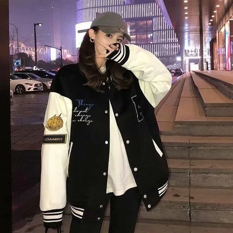 

Button Letter Patchwork Cartoon Bear Embroidery Spliced Baseball Japan Fashion Student Casual Preppy Woman Jacket