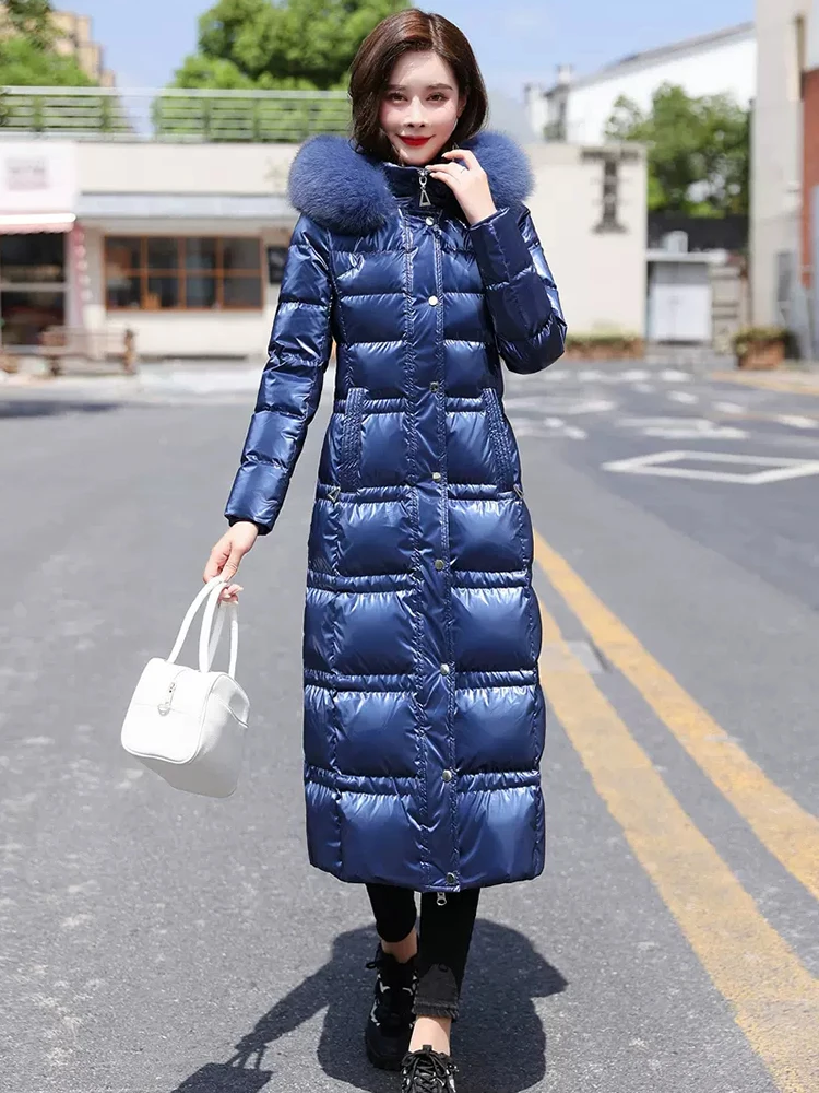 New Women Wash Free Glossy Surface Down Coat Winter Fashion Real Fox Fur Collar Drawstring Waist Thicken Warm Long Down Jacket