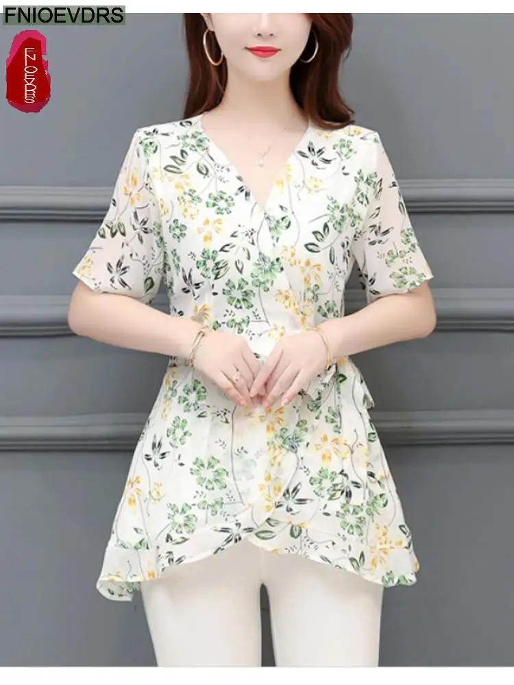 

2022 Summer One-Piece Long Top Women European Fnioevdrs Style Design Floral Print Vintage Belly Tunic Bow Tie Peplum Top Blouse