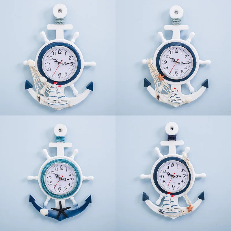 

Mediterranean Style Wooden Blue White Wall Clock Rudder Helmsman Anchor Electronic Watch Nautical Clock Office Home Decoration