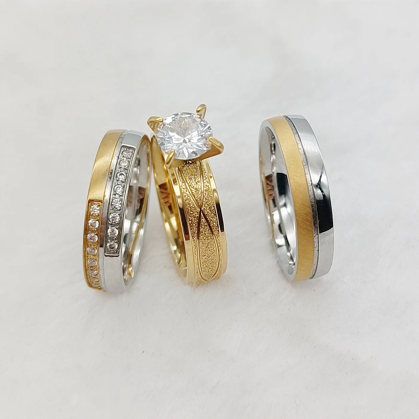 

Свадебные обручальные кольца 3 шт., свадебные наборы, позолоченное ювелирное изделие 18 К, кольцо с фианитом, свадебное кольцо
