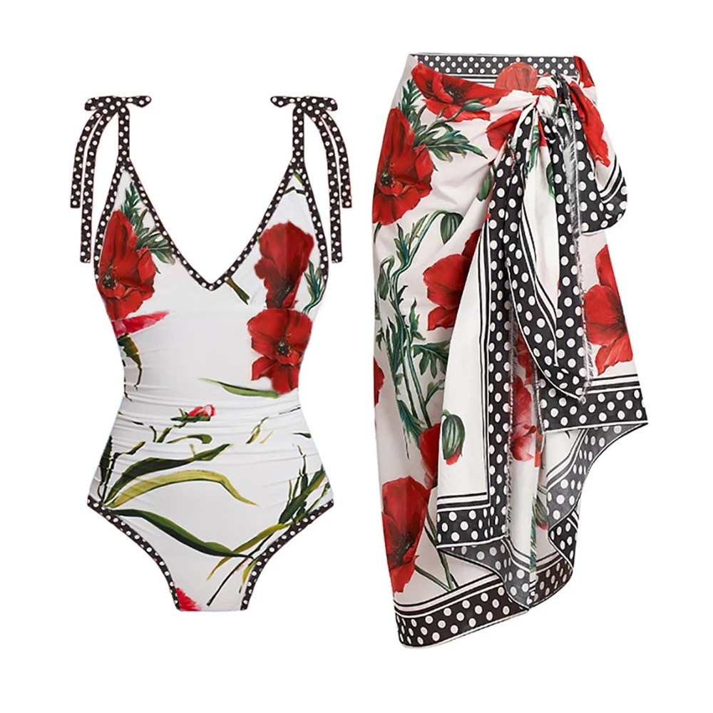 

Floral Print One Piece Swimsuit Fashion V-neck Lacing Up Bikinis Colorblock Vintage Bathing Suits Women's Swimwear 2023 Backless