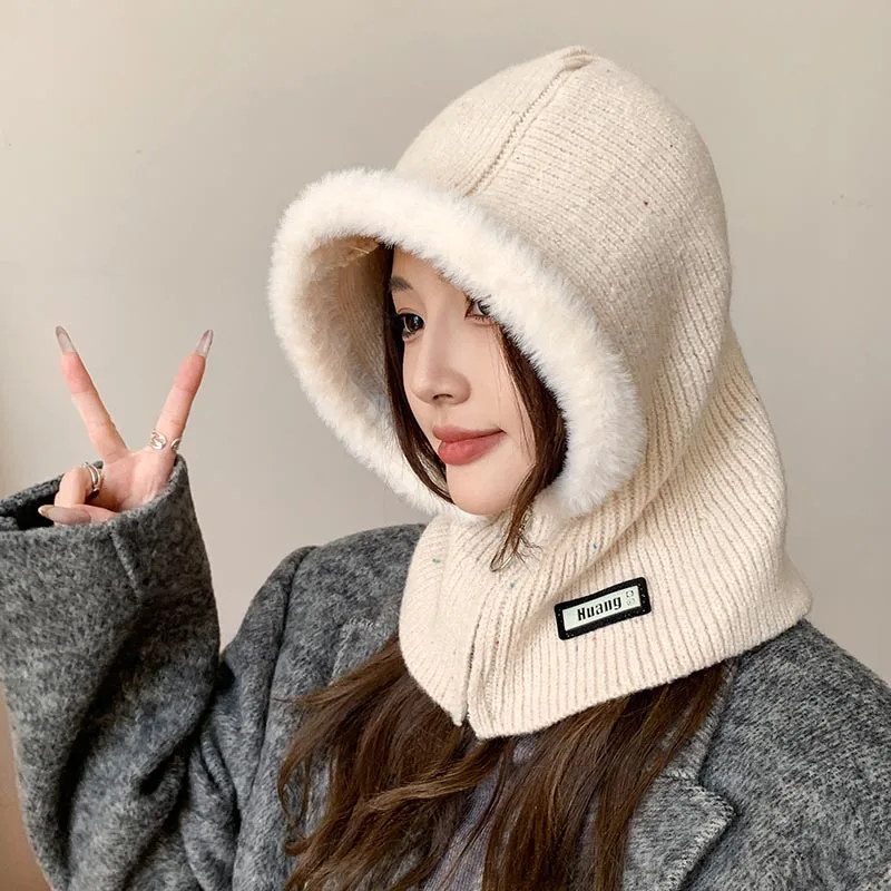 Korean Series Balaclava Women Autumn and Winter Warm Hat Scarf Integrated Earmuff Knitted Woolen Cap Tide