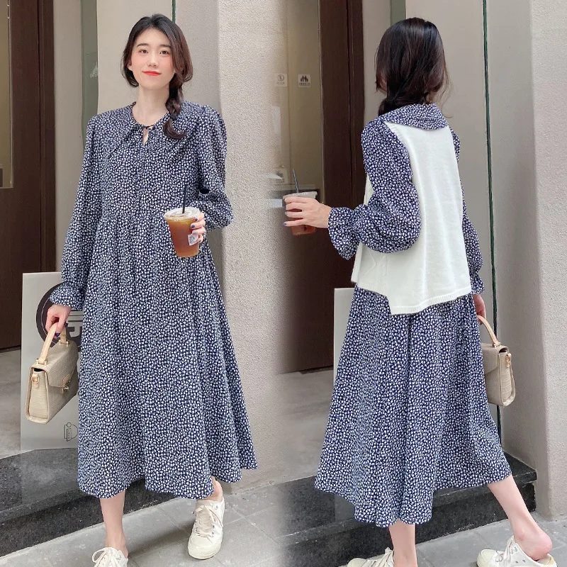 

Spring Korean Fashion Maternity Long Dress Printed A Line Loose Clothes for Pregnant Women Long Sleeve Pregnancy Dresses