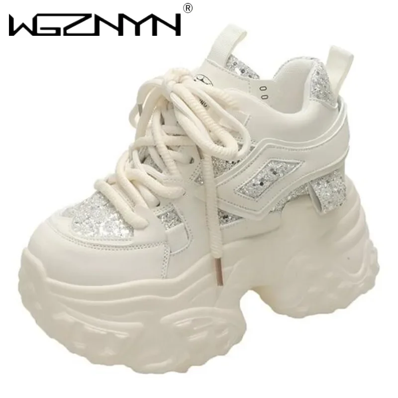 Женские кроссовки на высокой платформе 11 см блестящая кожаная спортивная обувь