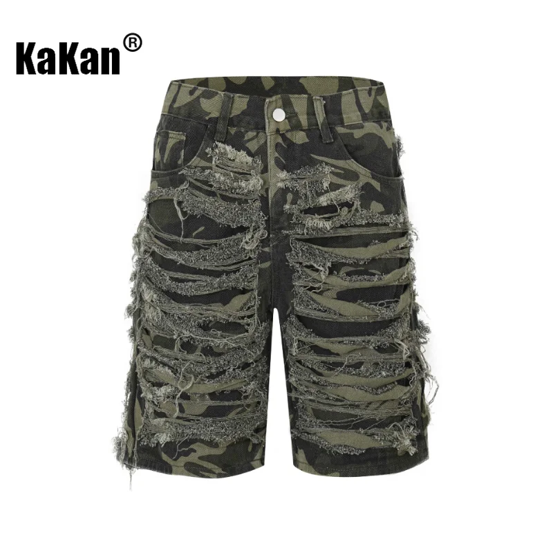 Kakan - Broken Street Hole Cut Cat Beard Jeans Men's Capris, Personalized Fashion Brand Loose Wide Leg Jeans K57-CG86811