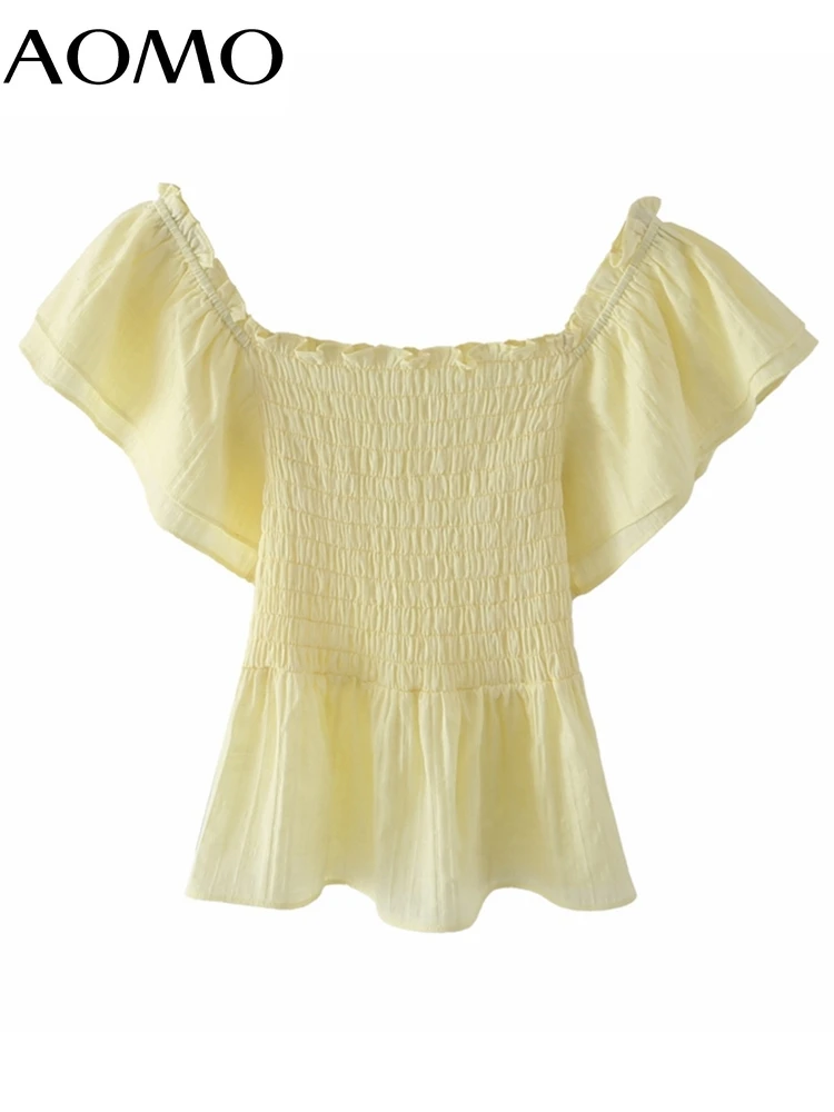 

AOMO Women Retro Yellow Pleated Off Shoulder Crop Shirt Bat Sleeve 2022 Chic Female Shirt Tops 5X43A