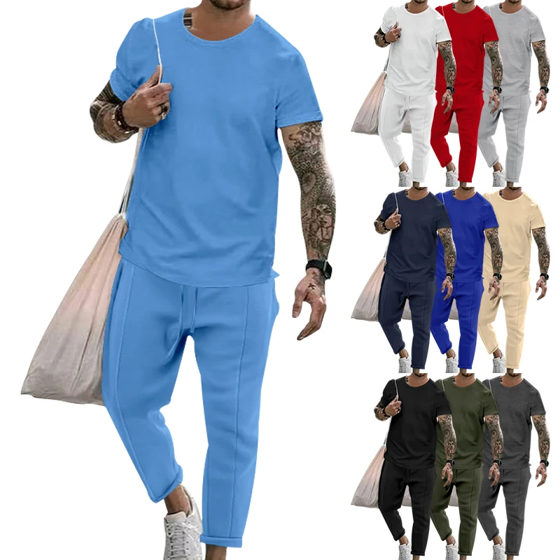 Brand Men's Spring/Summer Round Neck Casual Comfortable Top+Split Sweatpants Two Piece Set of Boutique Set