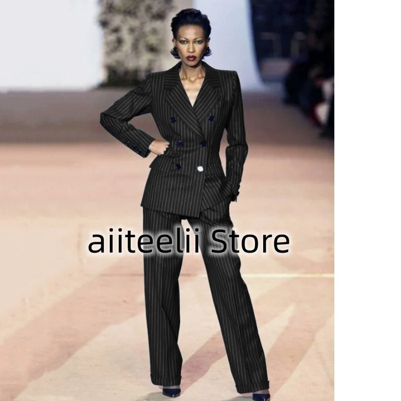 Women's Suit 2-piece Suit Fashionable Striped Double-breasted Slim Fit Handsome Lapel Collar Heroic Suitable for Business Ladies