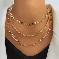 vintage multilayer gold metal sequin clavicle necklace female 2022 hollow cross twist chain necklaces girls fashion jewelry