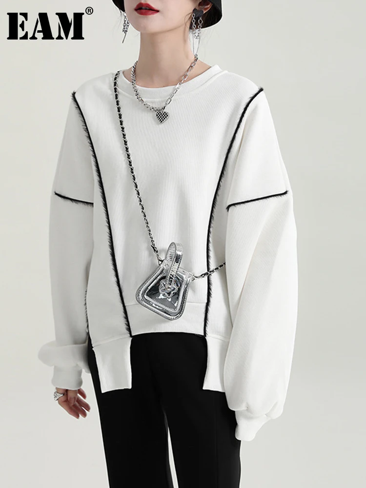

[EAM] Loose Fit Irregular Color-block Sweatshirt New Round Neck Long Sleeve Women Big Size Fashion Spring Autumn 2022 1DE6145