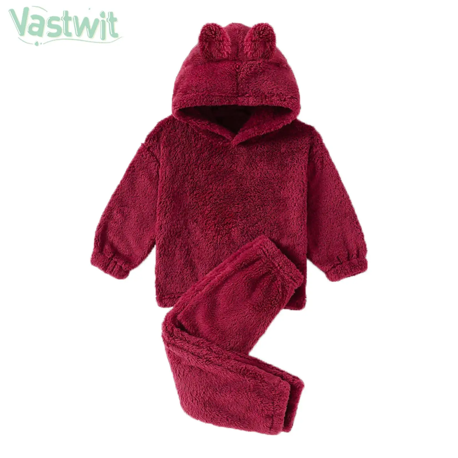 

Children Lovely Warmer Plush Costume Girls Long Sleeve Cute Ears Hooded Pullover Top with Pants Thermal Loungewear Homewear