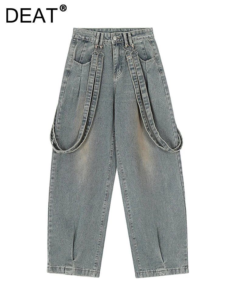 

DEAT Women's Jeans Loose Do Old Wide Leg Long Straight Strap Belt Design Denim Pants 2023 Winter Fashion Streetwear 29L2394