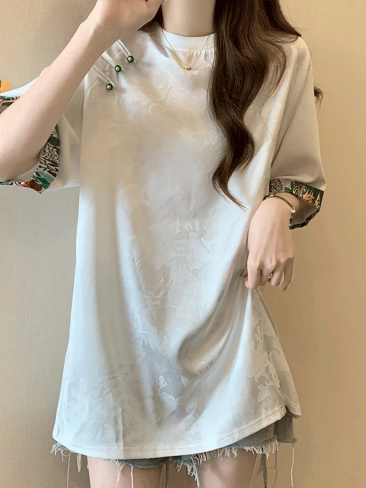 Новая китайская атласная жаккардовая футболка с короткими рукавами женская