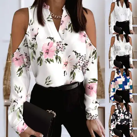 Women Blouses Boho Floral Print Sexy Off Shoulder Long Sleeve V-neck Laduies Shirt Oversized Loose Elegant Pullover Tops blusas