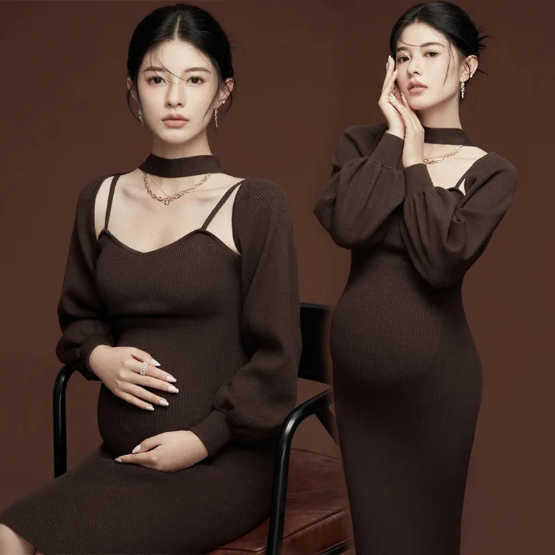 Women Photography Props Maternity Sweater Knit Dresses Pregnancy Elegant Dress Cardigans Long Sleeve 2pcs Photoshoots Clothes