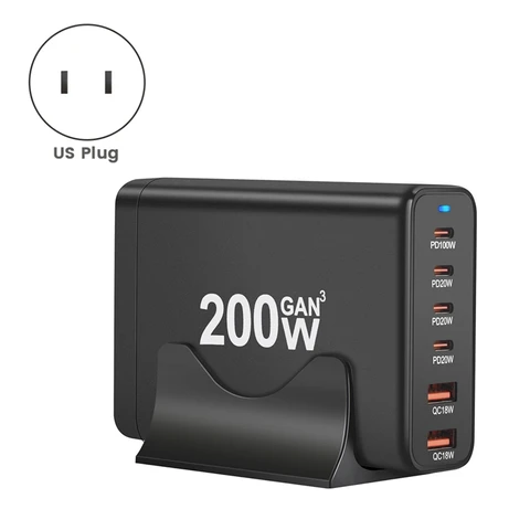200 Вт GaN настольное зарядное устройство 6-портовый USB Type C PD зарядное устройство Quick Charge 3.0 USB Type C быстрое зарядное устройство для телефона USB зарядное устройство (США)