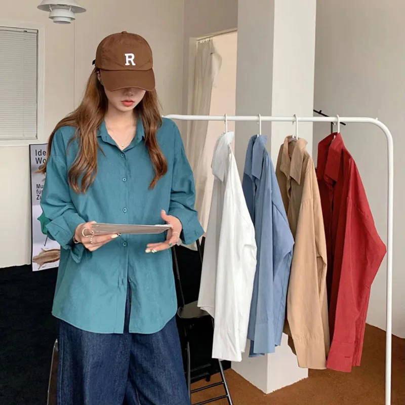 

Summer Fashion Women's Blouse French POLO Collar White Long Sleeved Single Breasted Shirt Loose Casual Slimming Top Female