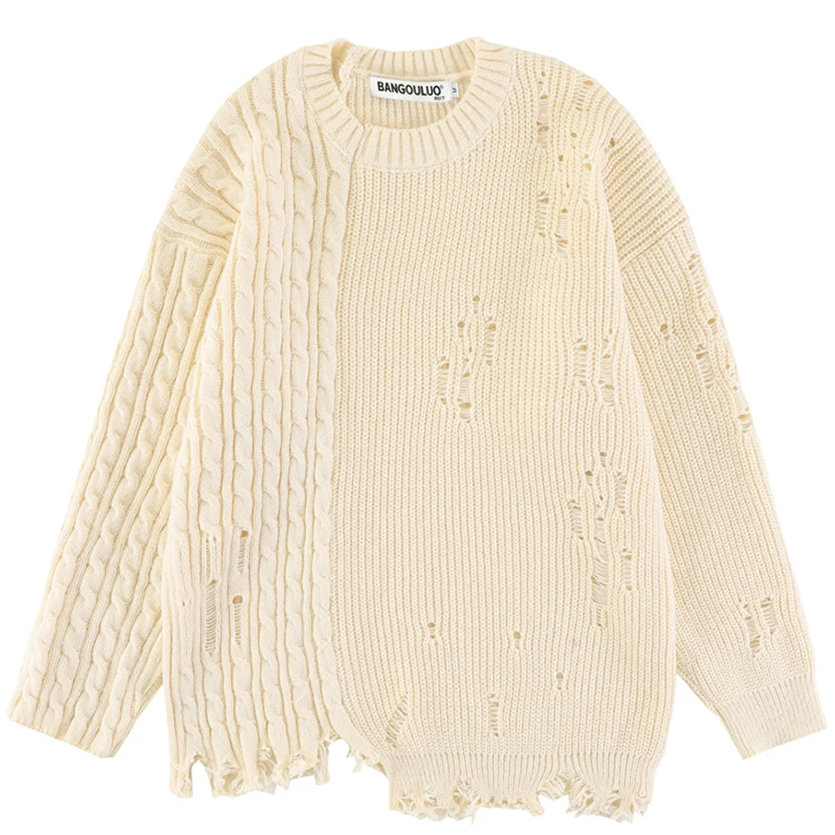 Свитер оверсайз в стиле хип-хоп черный бежевый свободный вязаный джемпер уличная