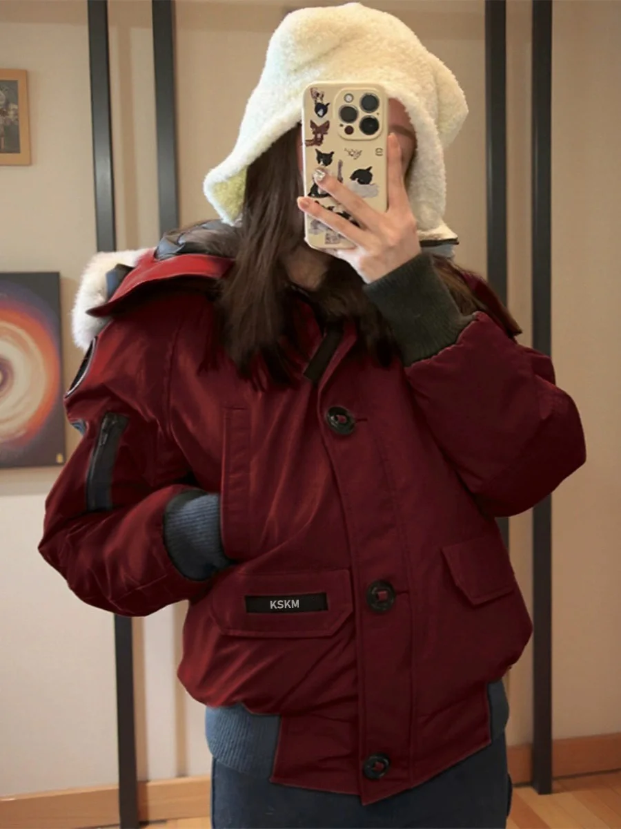 Kskkm Wine Red Down jacket Outerwear Women New Autumn and Winter French sle High-Grade Short Bread Cotton-padded jacket