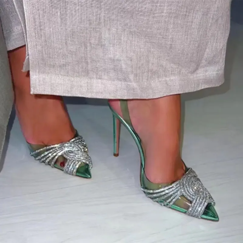 Fashion Women's High Heel Shoes Summer Pointed Toe Rhinestone Party Wedding Ladies Shoes Back Half Belt PVC Sandals Woman 2023