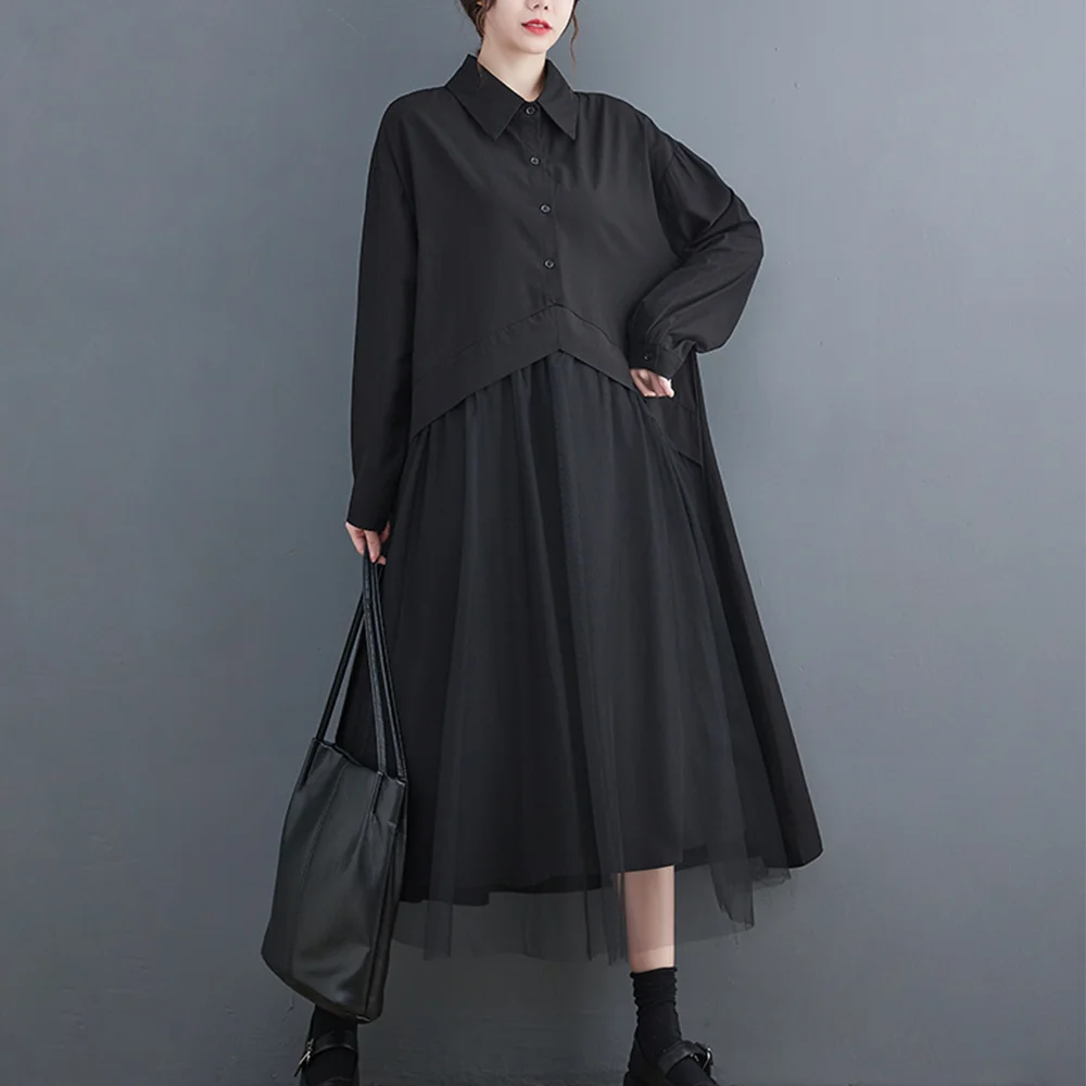 

Mesh Patchwork Black Vintage Shirt Dresses For Women New Long Sleeve Loose Casual Midi Dress Elegant Clothing Spring Autumn 2023