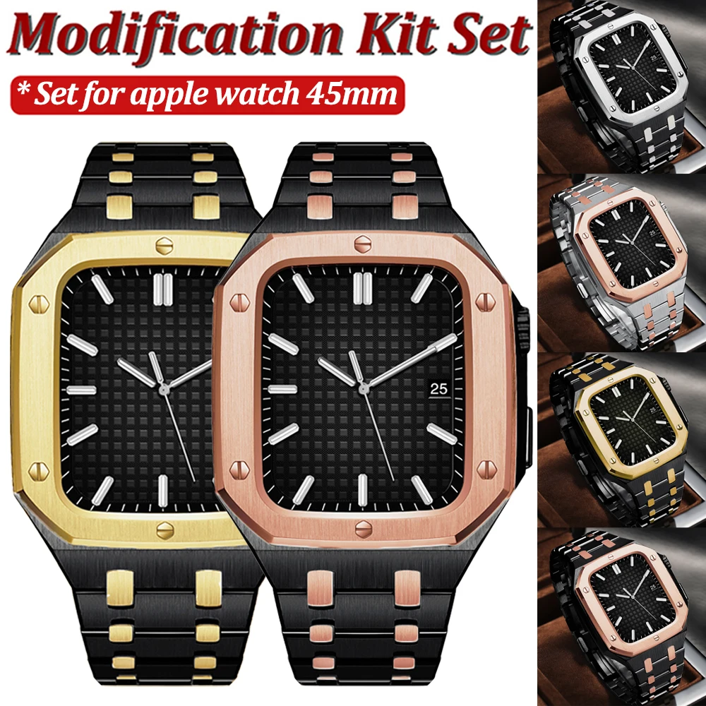 

45mm Luxury Modification Kit Mod Metal Frame Bezel For Apple Watch Band Case 7 New Stainless Steel Cases Strap For iWatch Cover