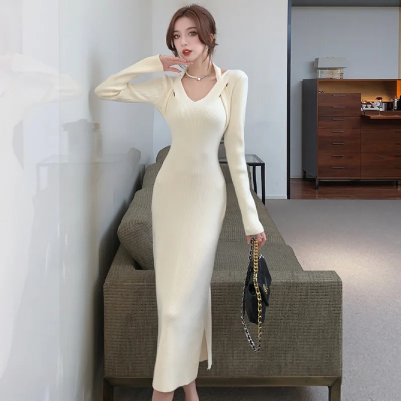 

Wholesale Elegant Adult Lady like Woman Knitted Women's French Style High Sense Slim Fit Inner Wear Sheath Long Dress