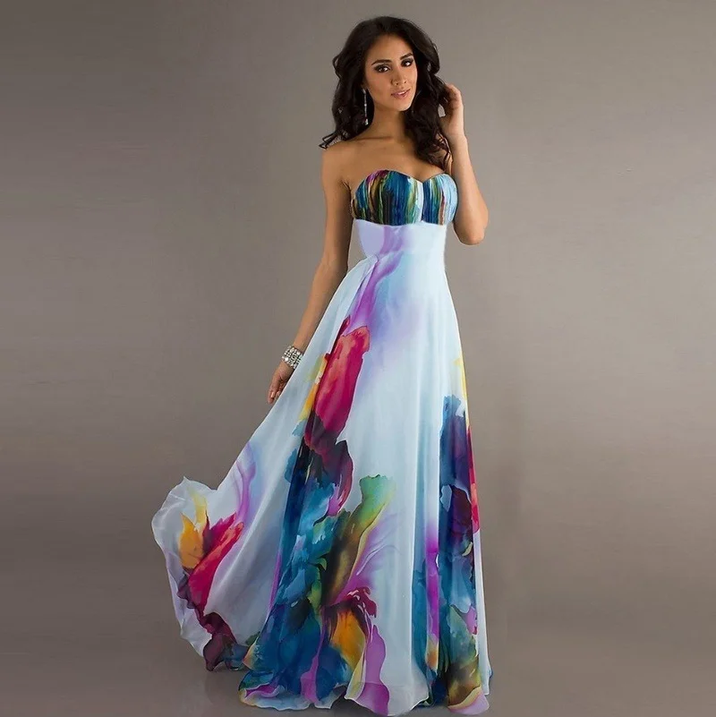 

Sexy Wrapped Chest Sleeveless Off Shoulder Backless Printing Lady Tie Dye Dress Evening Dress