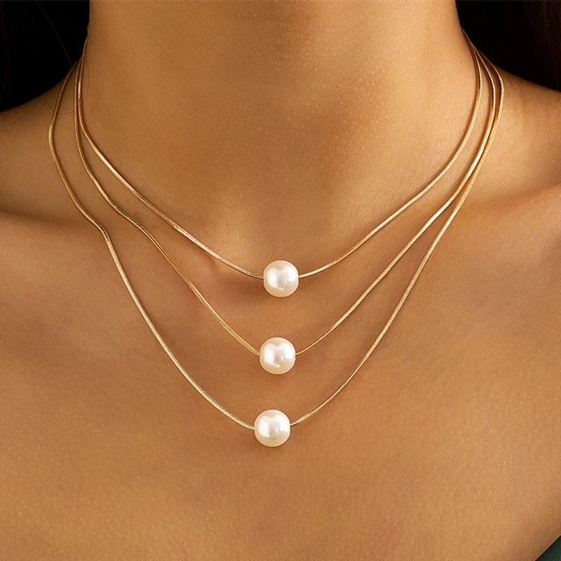 

XINSOM Multilayer Pearl Pendant Necklace For Women Gold Silver Color Thin Snake Chain Party Wedding Necklace Fashion Jewelry