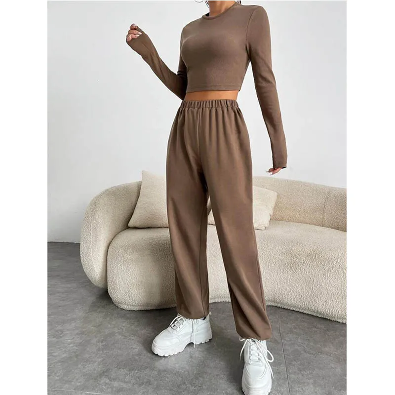 

Женский уличный спортивный костюм, укороченный топ с длинным рукавом и длинные брюки, комплект из двух предметов, мягкий спортивный костюм, модель H304 на осень, 2023