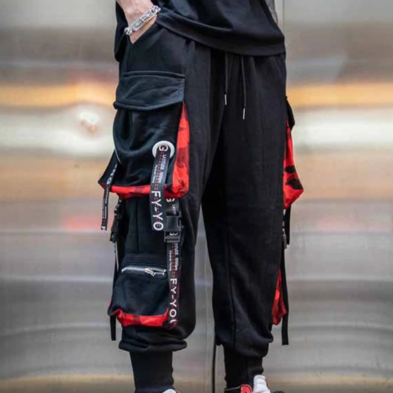 

Jogging Man Pants Loose Casual Hip Hop Hit Color Pocket Male Trousers Sweatpants Streetwear Ribbons Techwear Pants Cargo Pants