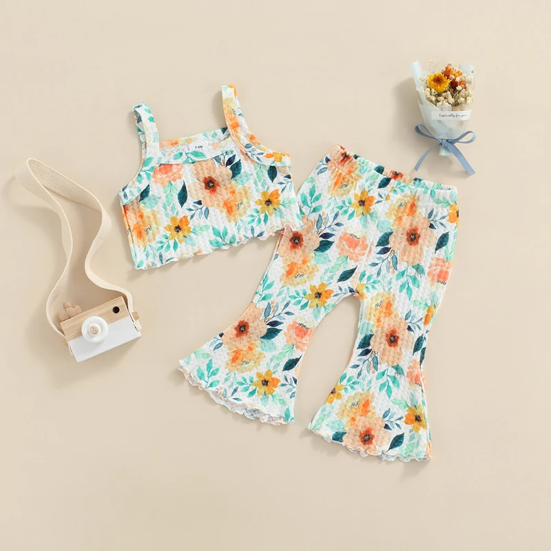 

0-18 Months Baby Girl Clothes Flower Outfit Camisole + Flared Pants Baby Sweet Style Summer Clothing