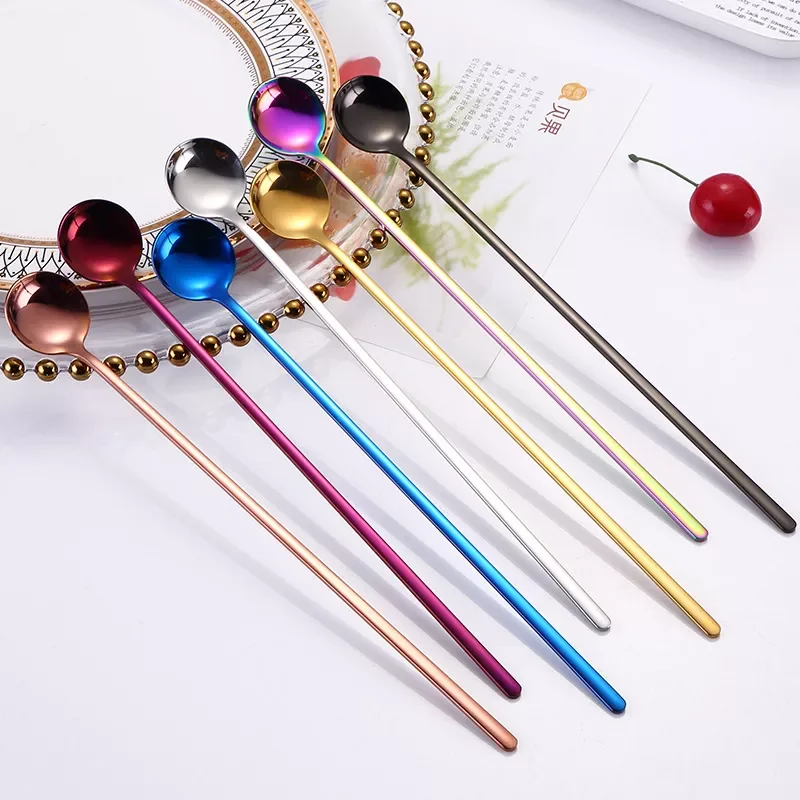 

Rainbow Color Coffee Tea Stir Spoon Long Handle Ice Cream Dessert Spoons Eco-Friendly Stainless Steel Tableware Kitchen Supplies