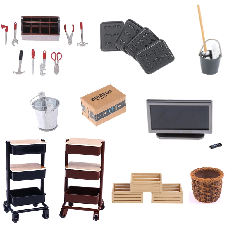 

Ящик для инструментов для кукольного домика, серый ковш для телевизора, Швабра, банка для конфет, деревянная рамка, сковорода для выпечки, хлеба, экспресс-коробка, реквизит, Мобильная тележка, стойка для столовой