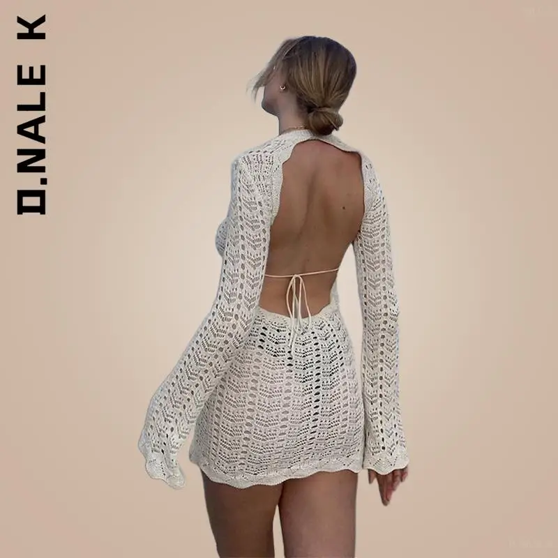 

D.Nale K Sexy Hollow Out Long Sleeve Knit Dress Women Blue Female 2022 Bodycon O-Neck Backless Mini Summer Club Dresses Sweater