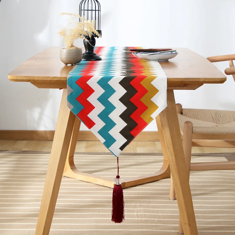 

Table Runner Luxury Mosaic Striped Pendant Tassel Dustproof Cotton Linen Tablecloth Cover Cloth Home Wedding Decoration