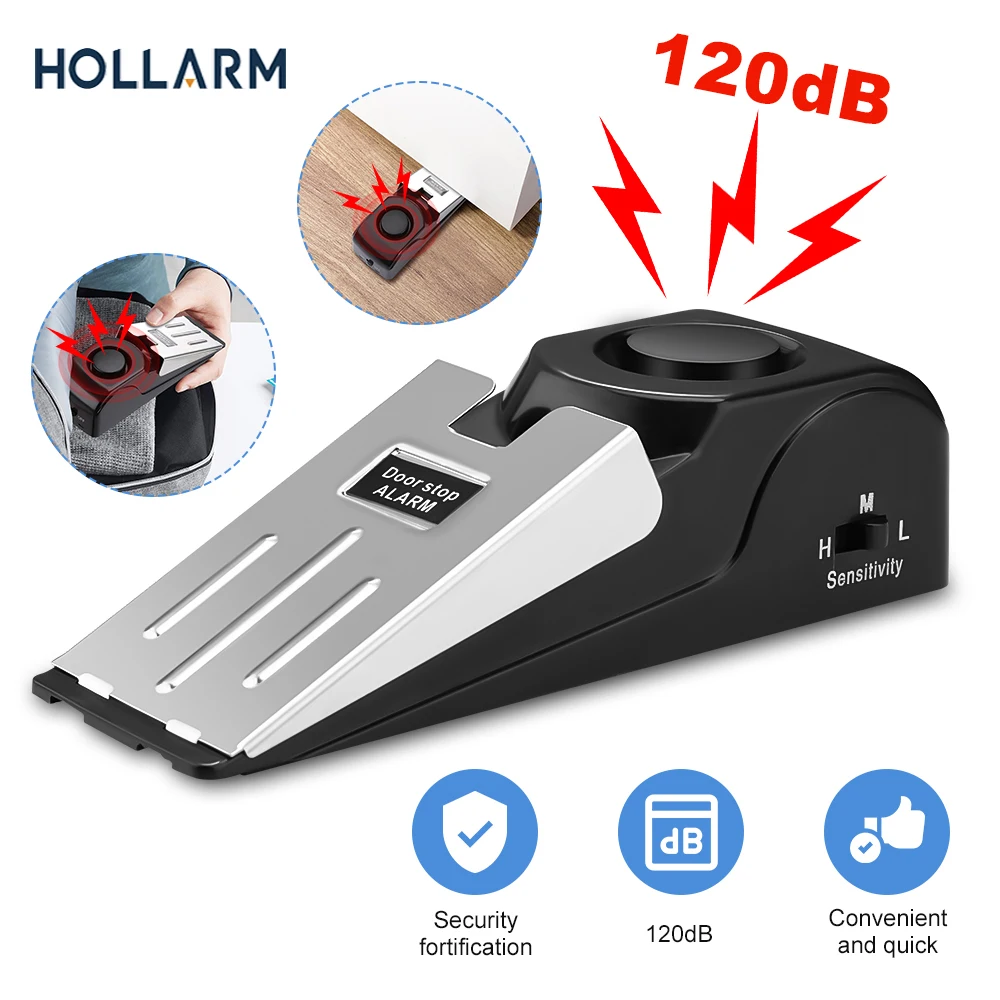

Hollarm 120dB Wireless Door Stopper Alarm Adjustable Sensitivity Switch Prevent Tamp Detection Wedge Anti-theft Home Safe Securi