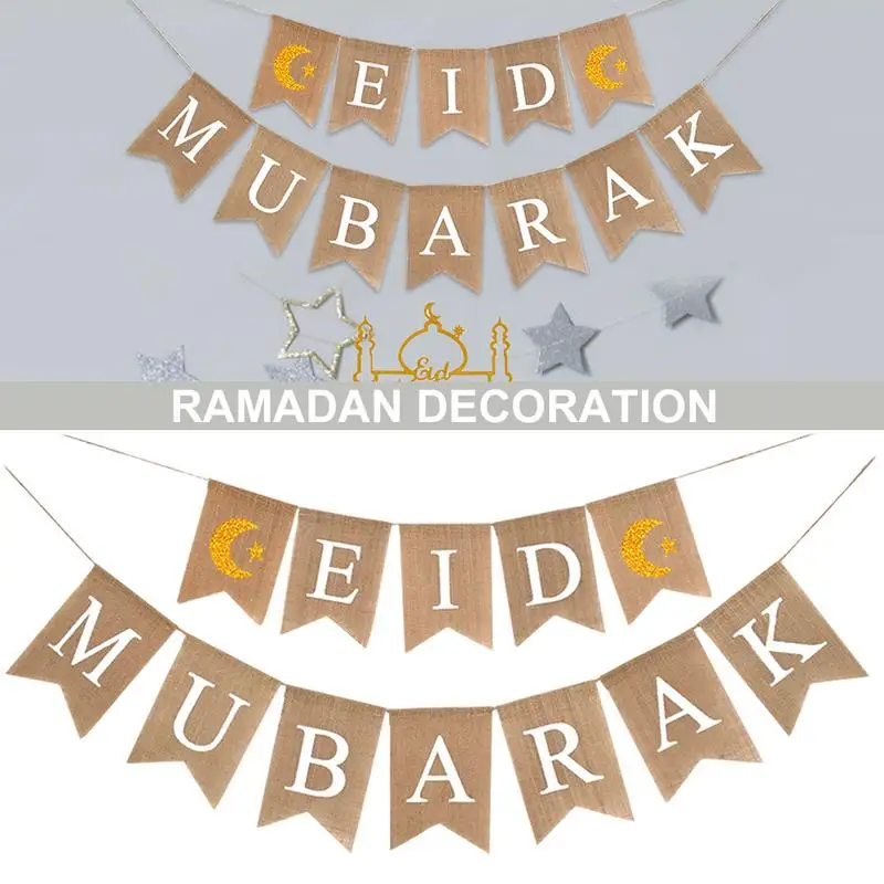 

1 Set EID MUBARAK Swallowtail Flag Muslim Ramadan Decoration Bunting Linen Swallowtail Flag For Eid Mubarak AW