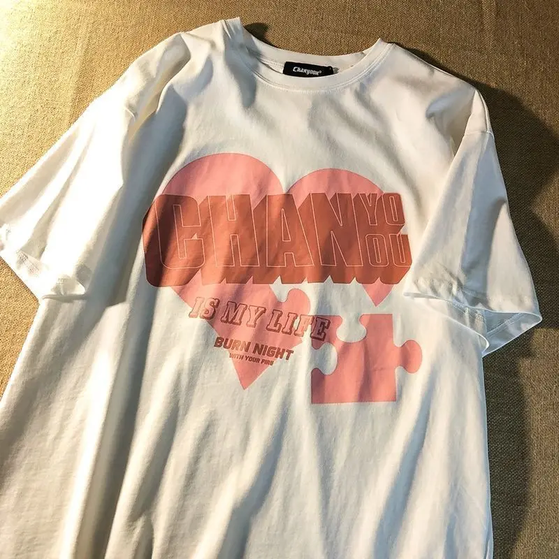 T-shirt Women's Y2k Top Tide Brand Salt Love Stitching Loose Oversized O-neck Short-sleeved Female Harajuku Printed Letter Tee